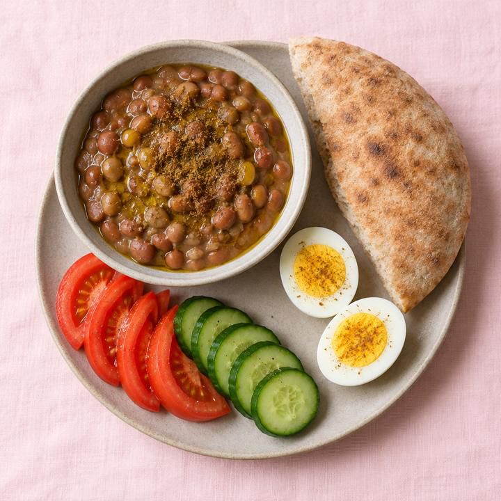 فول بزيت الزيتون وبيض وعيش بلدي